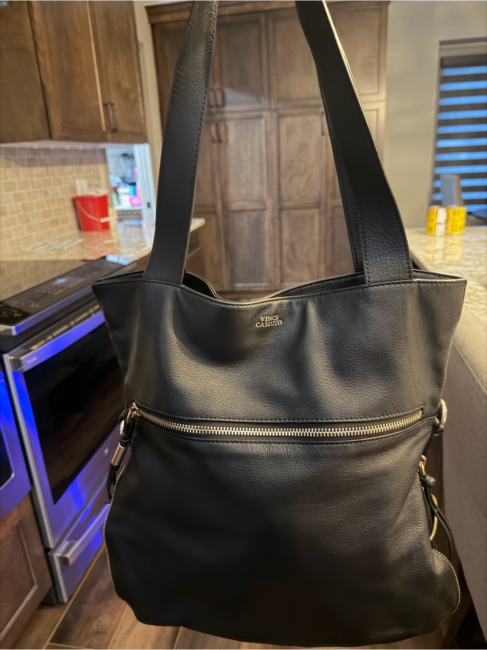Vince Camuto Taupe Suede Interior Tote with Gold Logo